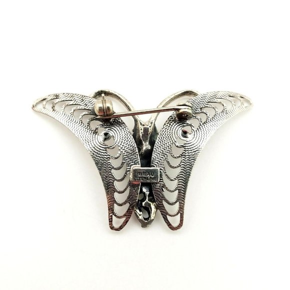 Beau Sterling Silver Flower Center Butterfly Brooch Pin Signed Vintage - Picture 2 of 12